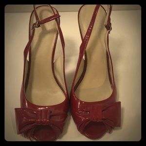 Red patent sling backs